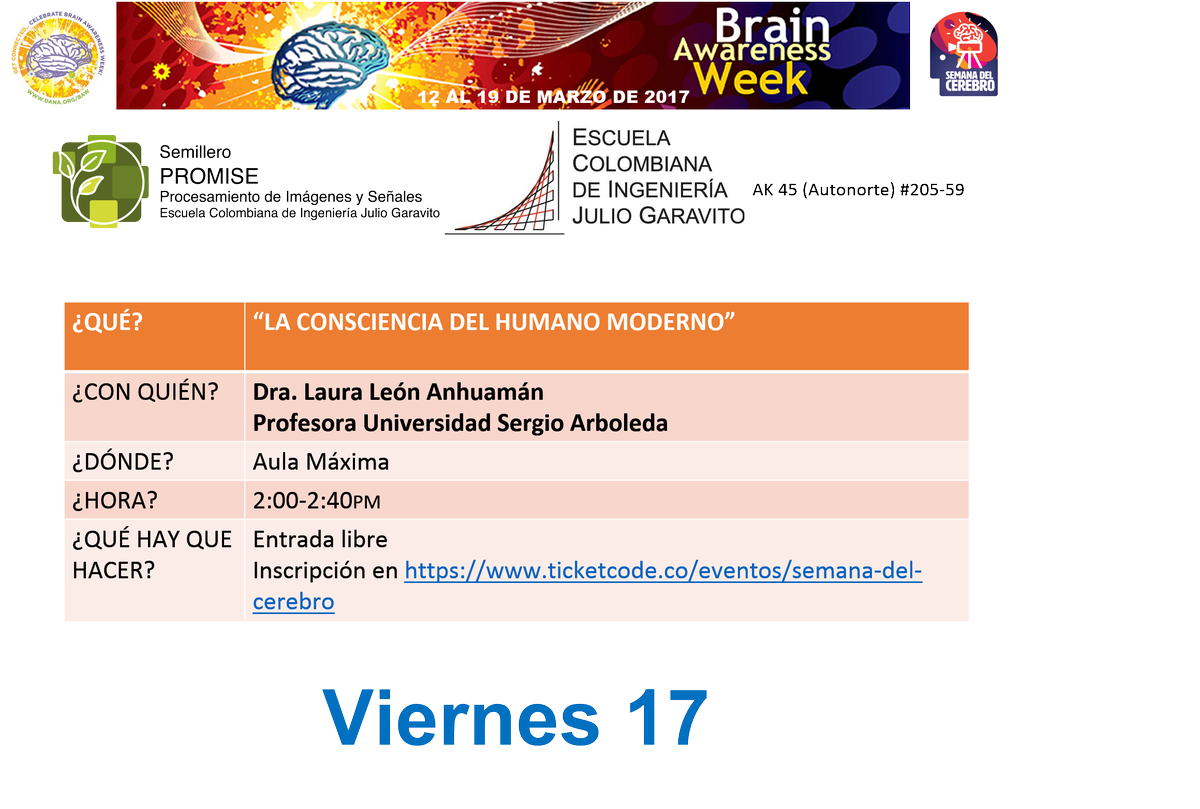 ColombiaBAW's tweet photo. Progamación de la semana del cerebro del viernes 17 de marzo. Para acceder a los links de incripción pueden visitar nuestra pág de Facebook https://t.co/39Bv0dbDgT