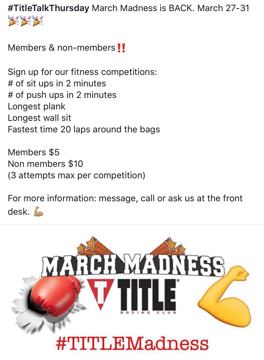 TBCStJoseph's tweet photo. March Madness is BACK. March 27-31 🎉🎉🎉

Members $5
Non members $10

Sit ups, push ups, plank, wall sit &amp; 20 laps

Sign up NOW‼️ More info ⬇️ https://t.co/xpxRZp5SPD
