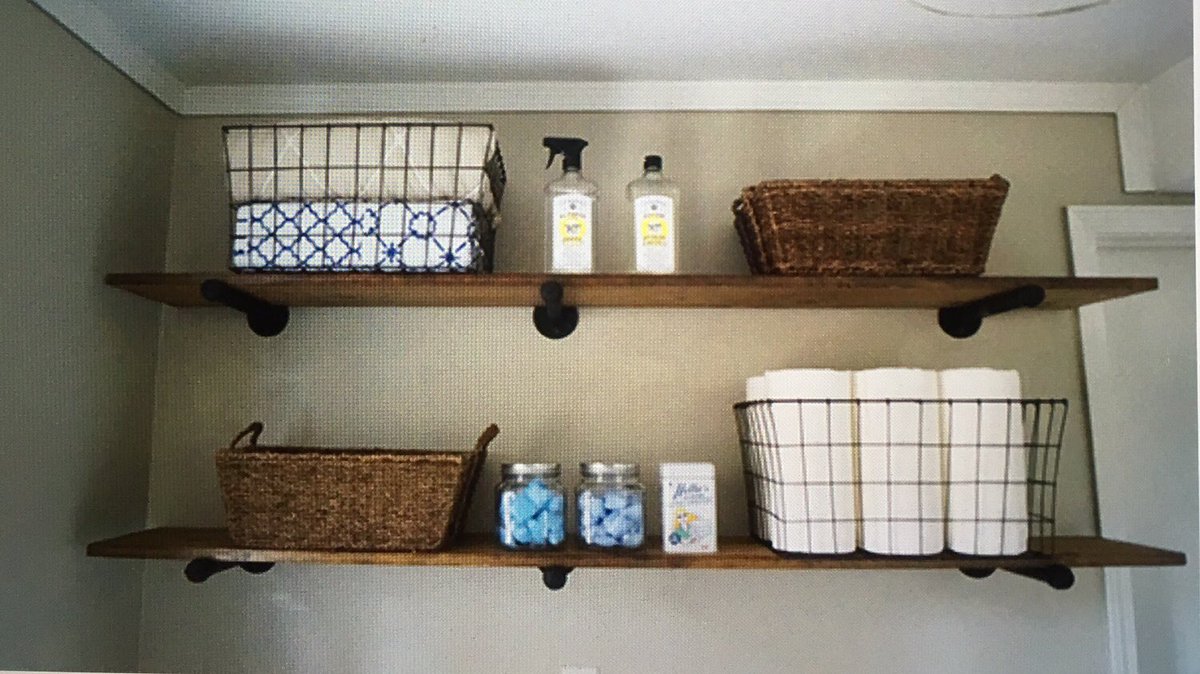 DesignbyAngela2's tweet photo. Tired of wire shelving?Use Steel pipe/flange, spray black and stain pine boards, done! #laundryroom #shelving #pineboards #DIY #design #ygk https://t.co/fWqnjDS6I6