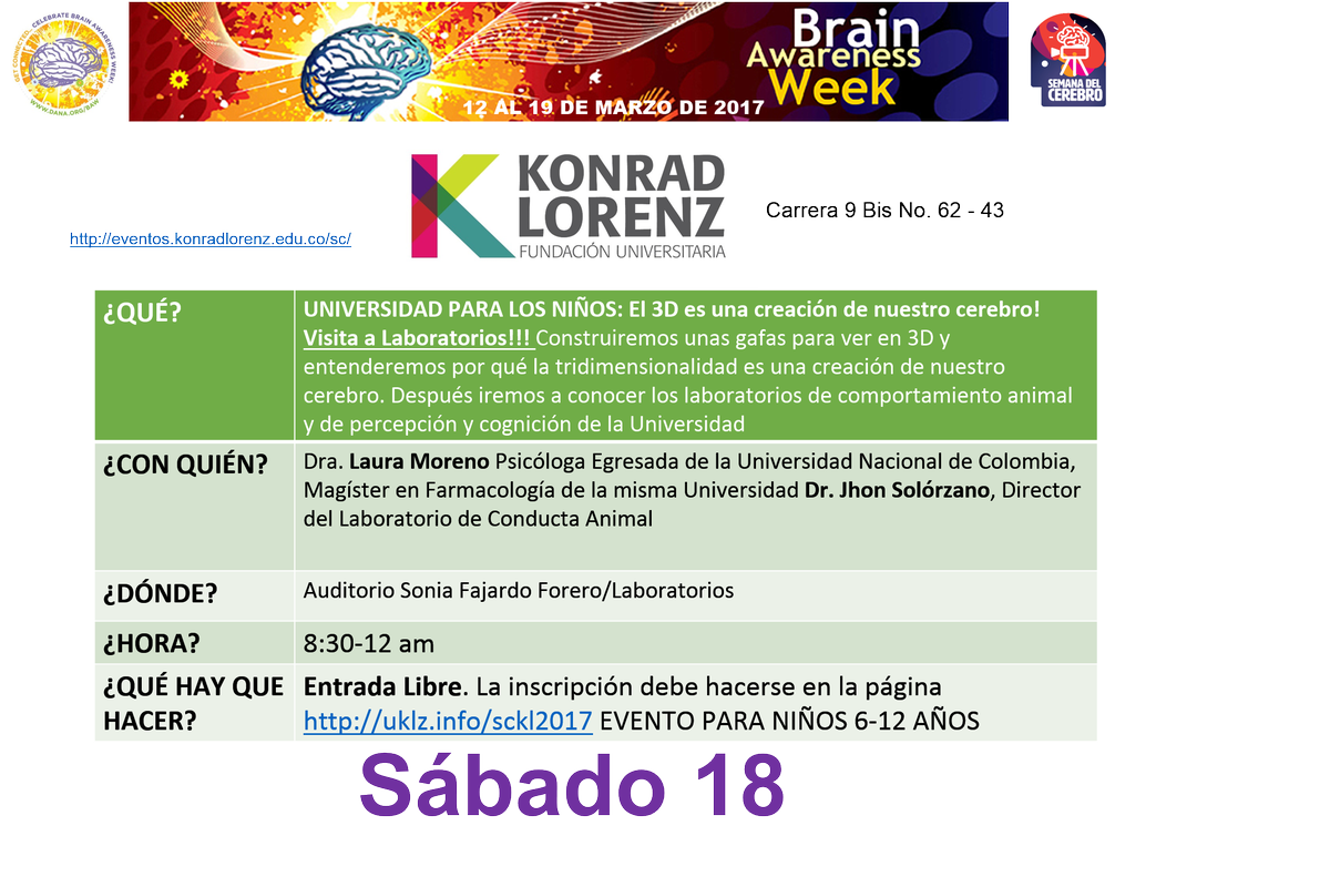 ColombiaBAW's tweet photo. Progamación de la semana del cerebro del sábado 18 de marzo. Para acceder a los links de incripción pueden visitar nuestra pág de Facebook https://t.co/H7jW8umfjd