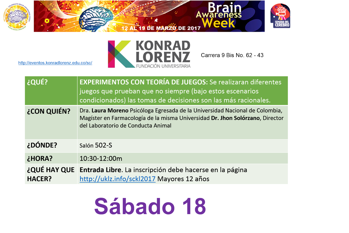 ColombiaBAW's tweet photo. Progamación de la semana del cerebro del sábado 18 de marzo. Para acceder a los links de incripción pueden visitar nuestra pág de Facebook https://t.co/H7jW8umfjd