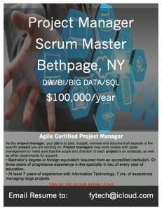 FytechJobs's tweet photo. Scrum Master: Project Manager DW/BI/Big Data/SQL Bethpage, NY $100k/yr. #jobs #ITjobs #Techjobs #scrummaster #agile  FYTECH@icloud.com https://t.co/88j3en6pZC