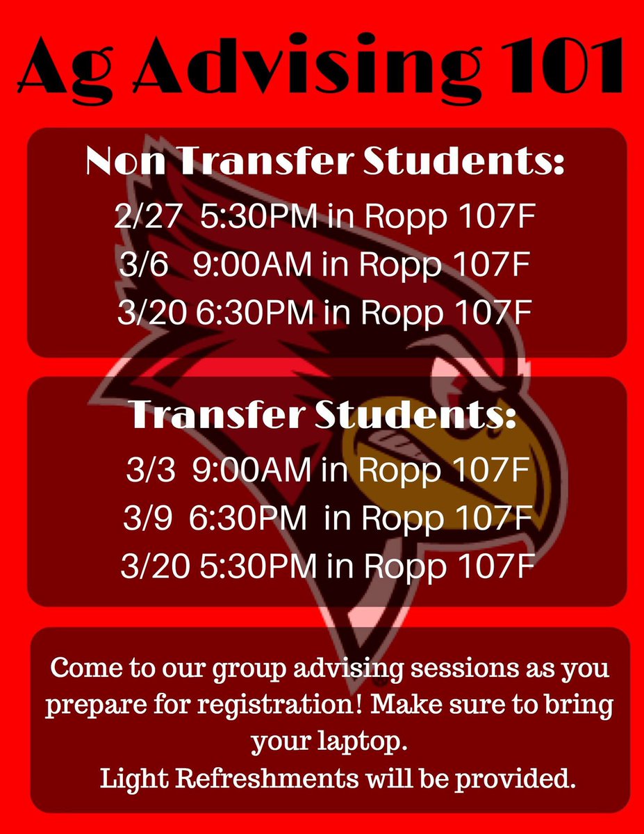 Here is the schedule for Ag Advising 101 put on by our own Academic Advisor Kate Clement! One has already passed, but don't miss tomorrow's!