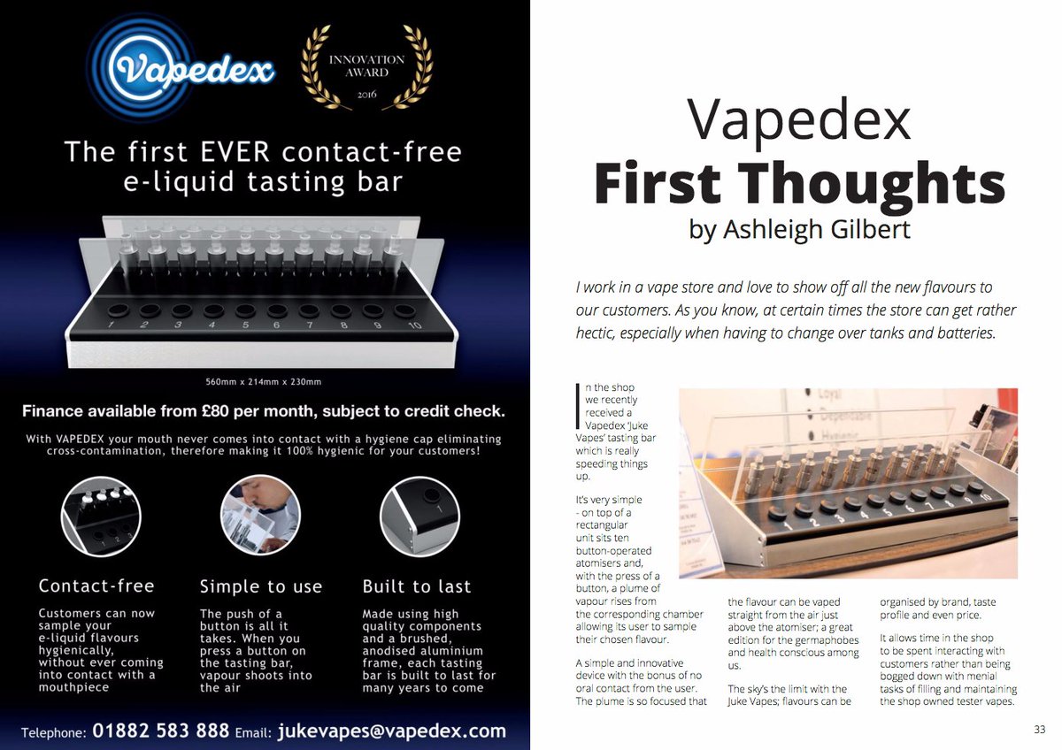 VAPEDEX's tweet photo. Ashleigh Gilbert explains in Subohm Magazine, how the VAPEDEX E-Liquid Tasting Bar is 'speeding things up'...#VAPEDEX https://t.co/7tFb0fgBbO