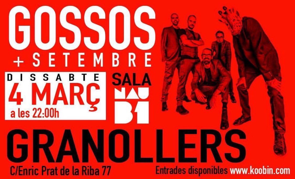gossosgrup's tweet photo. dissabte 4/3, a les 18:00 col·loqui musical i a les 22:00 actuació de Setembre i @gossosgrup a la @SalaNauB1 

us hi esperem https://t.co/z1hFHjvqs0