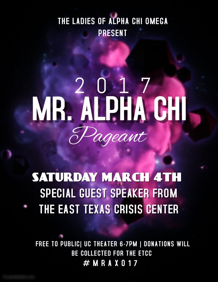 AXO_UTTyler's tweet photo. Don't forget! Our annual Mr Alpha Chi pageant is this Saturday from 6-7 in the UC theatre! 😍💚❤💜 https://t.co/NyxgXpiOYp