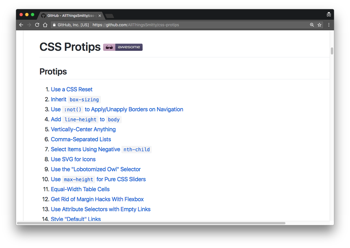 umaar's tweet image. CSS Protips - github.com/AllThingsSmitt… - Huge list of CSS tricks. Full of code examples, explanations and external posts for extra reading.