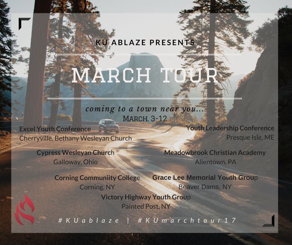 ablazeku's tweet photo. So excited to be starting our March tour tomorrow!! Check to see if we are coming to a city near you. #KUMarchTour17 https://t.co/jGeo5sadkk