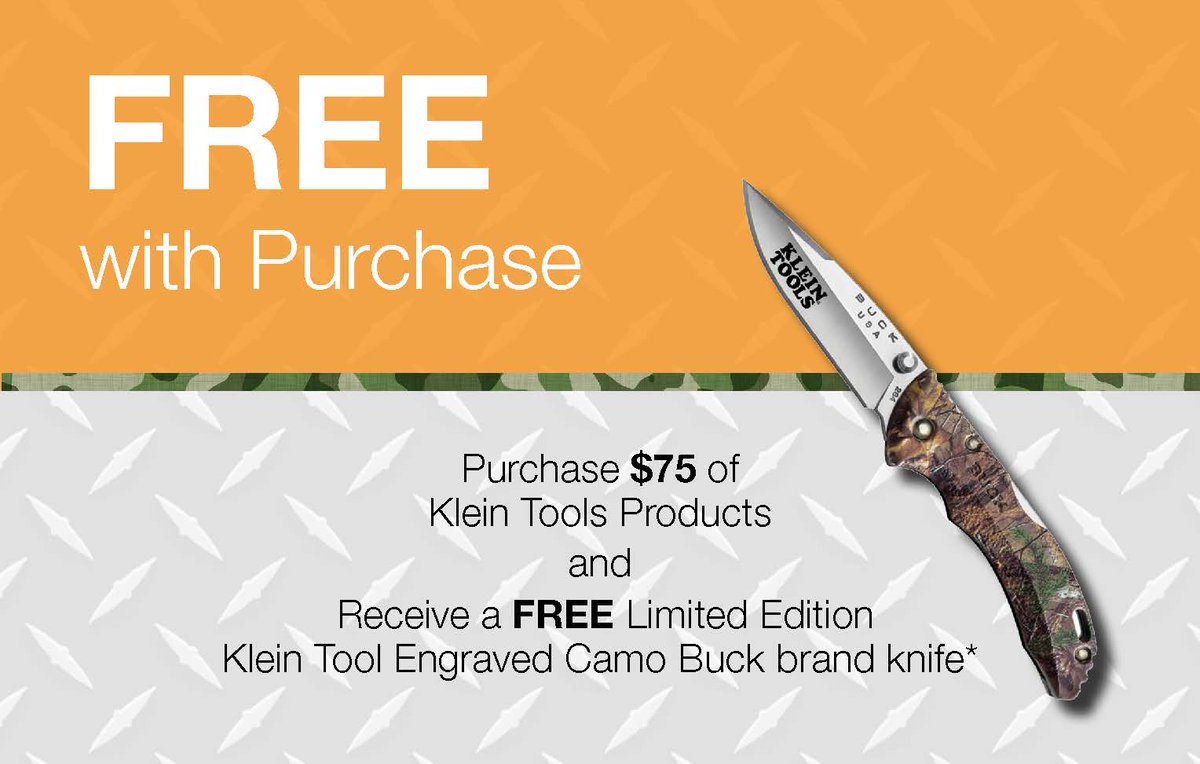 NedcoWest's tweet photo. Buy $75 of @Klein_Tools  at your local Nedco branch &amp; receive a FREE limited Klein ed. engraved camo Buck brand knife #NedcoToolOfTheMonth https://t.co/Sga7p4fvx0