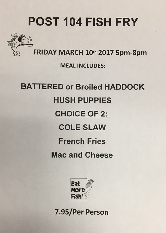 post104al's tweet photo. Post 104 Fish Fry - Public Event - March 10, 2017 5-8 pm https://t.co/m6FdP92QcY