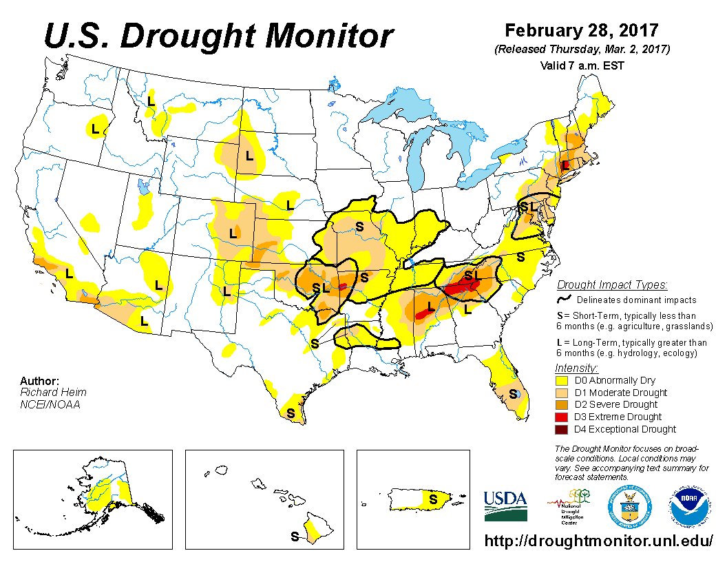 NOAANCEI's tweet photo. February 28 #DroughtMonitor Update: Moderate to exceptional drought covers 14.1% of the contiguous United States https://t.co/hs7rCpQMsY https://t.co/MeZb0Tg1xu