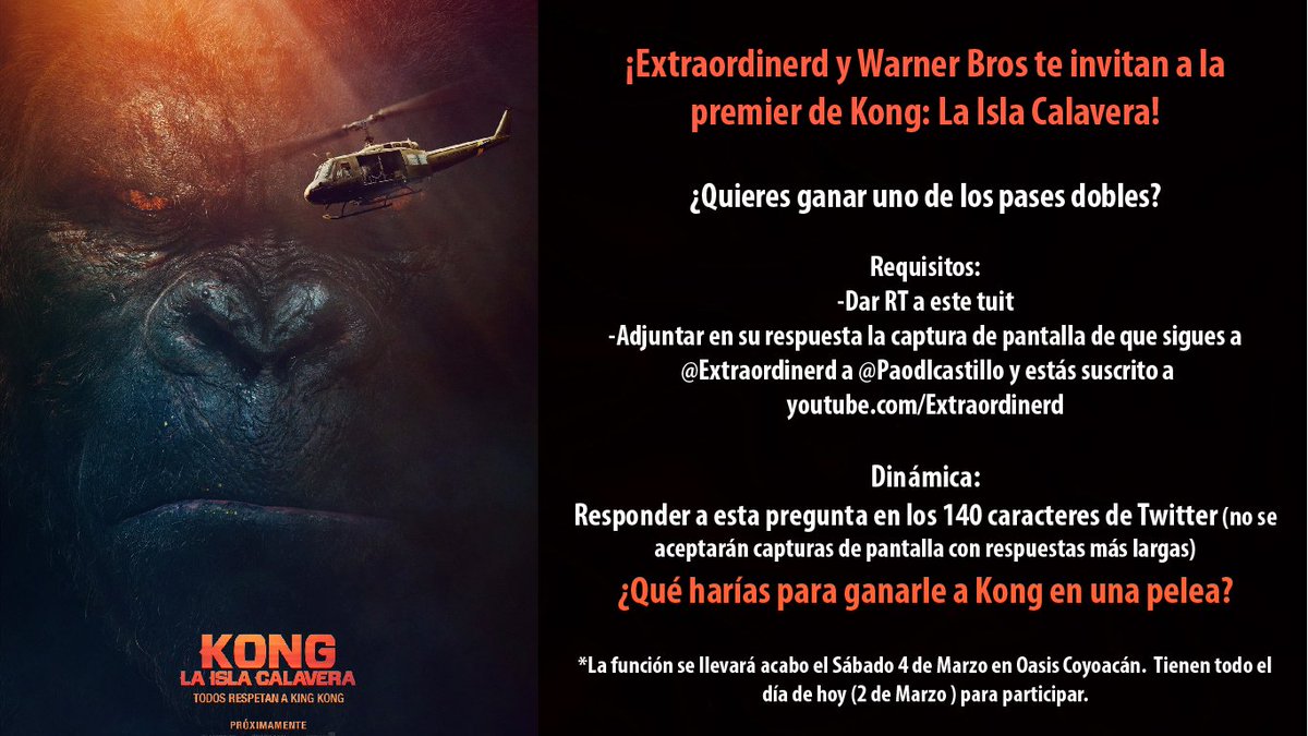 ¡Aquí la dinámica para que vean Kong: La Isla Calavera antes que nadie! 🙉🙉🐒🐒 Tienen todo el día para participar RT