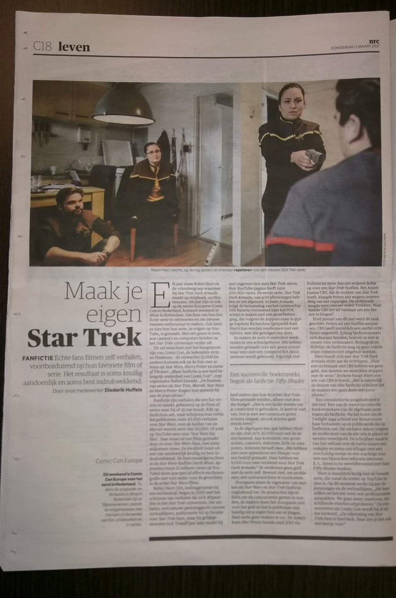 An amazing piece about Dark Armada in a Dutch newspaper <a href="/nrc/">NRC</a> Thanks <a href="/diederikhuffels/">Diederik Huffels</a> #startrek #fanfilm #fanfiction