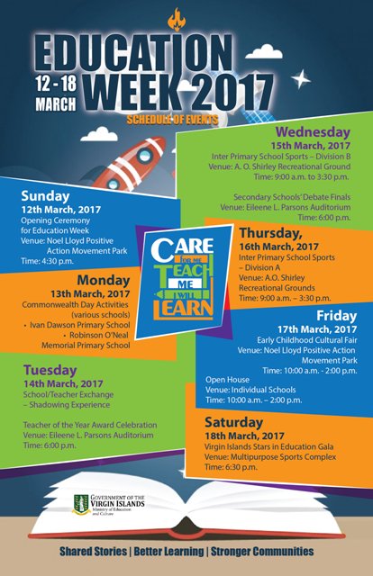 AprilTGlasgow's tweet photo. #BVIEducationWeek 2017 Schedule. #careformeteachmeiwilllearn #GoBVI @AloraMilan @BVIGovernment @MyronWalwyn https://t.co/C4jOdso1BD