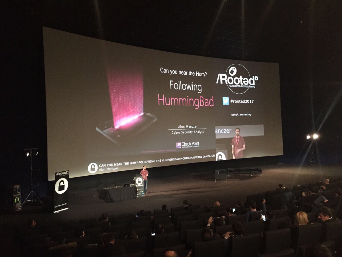 CheckPointSpain's tweet photo. ¡Gran éxito de la ponencia de Alon Menczer en #Rooted2017! Aforo completo para conocer al detalle la campaña de #malware #HummingBad. https://t.co/ItXNIGfvzO
