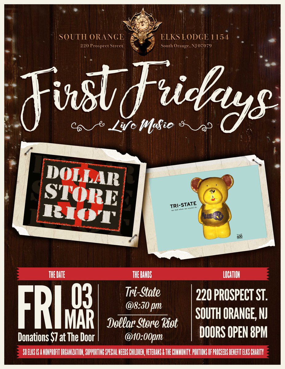 TriStateTheBand's tweet image. TOMORROW NIGHT! 3/3! 8:30PM!. First Fridays at South Orange Elks w/ @dollarstoreriot #ShortNoticeGig