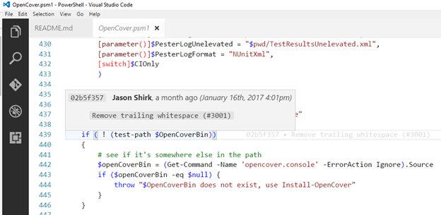 dfinke's tweet image. VS @code  #GitLens shows a commit comment watermark for the line of code. Hover and you get a popup with details