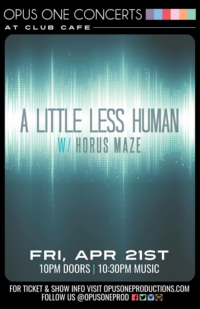 opusoneprod's tweet photo. NEW SHOW!
@ClubCafeLive: Fri 4/21 Late Show @lesshumanband w/ @HorusMaze!
On Sale Fri 10am: https://t.co/Guzbrsx48C
https://t.co/woXwDVoZr3 https://t.co/6db1RhnO3p