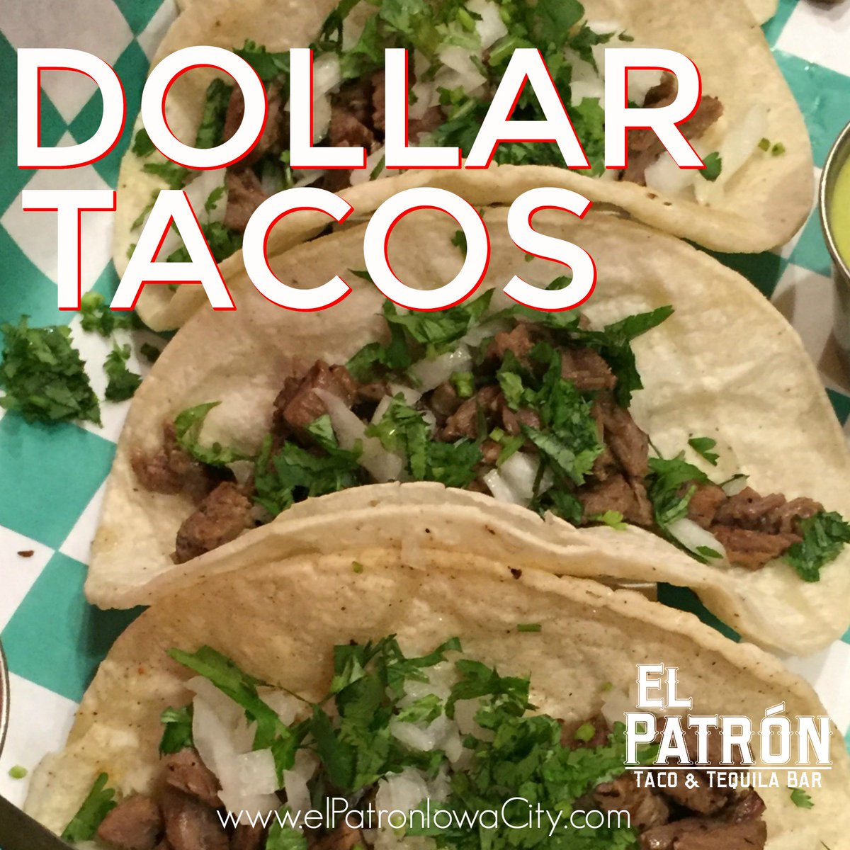 elPatronIC's tweet photo. It's not #TacoTuesday but it's the next best thing... #TacoThursday!
All tacos are $1. Open from 5-10pm tonight.  #ElPatron #IowaCity https://t.co/IvOmQ9Ozse