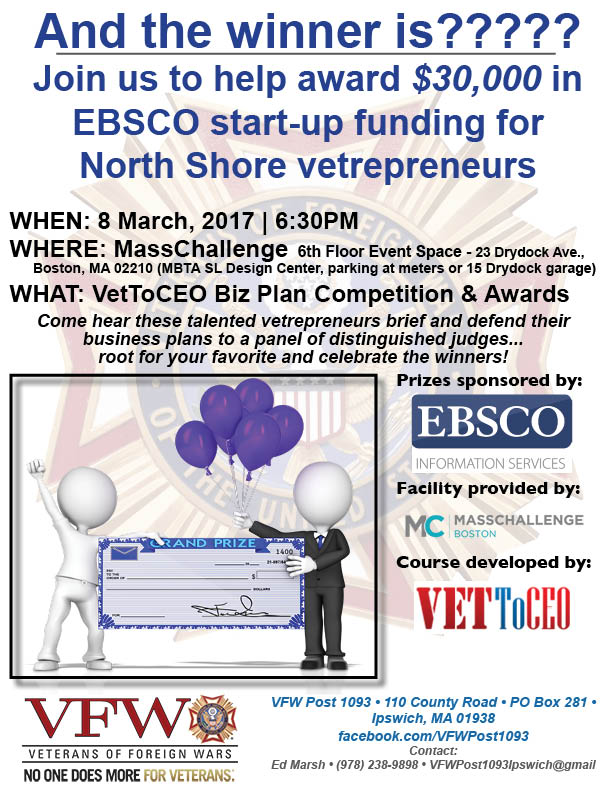 VFWPost1093's tweet photo. @twitest3333 Dave - anyone in the #Boston #MA area should come to @MassChallenge on Wed 8th to see the vetrepreneurs pitch to win! https://t.co/tx79oS6JCy