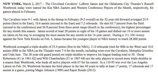 newsoftheNBA's tweet photo. LeBron James &amp; Russell Westbrook have been named as the February Eastern &amp; Western conference players of the month. https://t.co/eksPFsN4YK