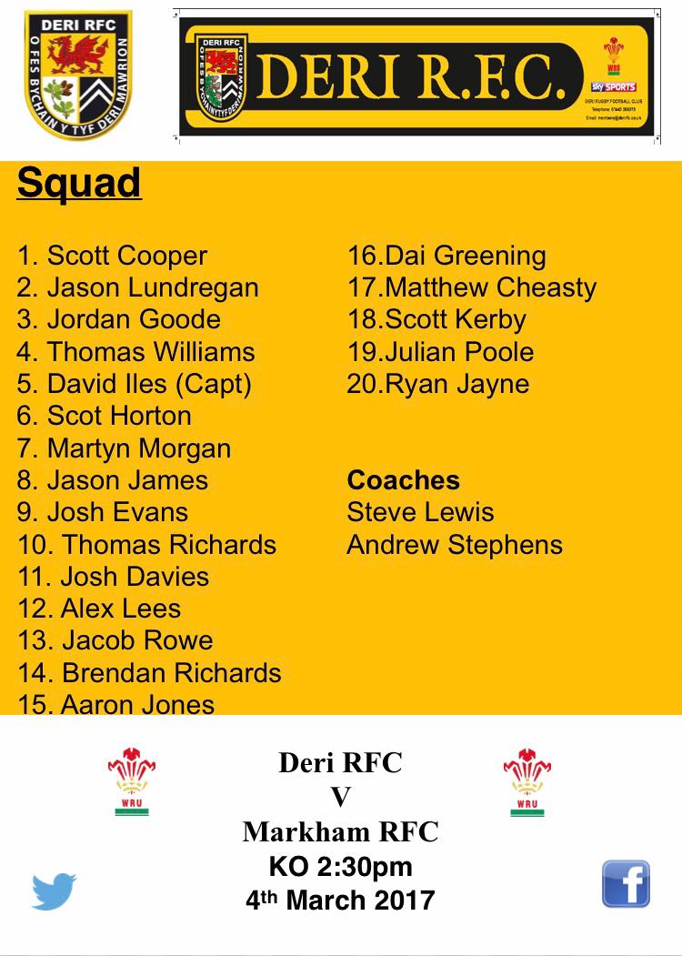 Deri Team for Saturday come and support the Broncos going to be a very exciting game local derby it's what's valleys rugby is all about.