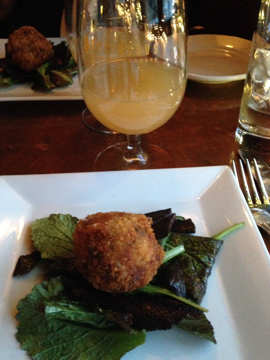 1st course - confit chicken and oatmeal croquette, mustard greens. Paired with @DeciduousBeer Argent.