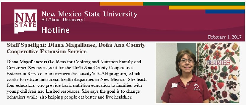 Our Dona Ana County ICAN Supervisor is featured for her excellent work in the NMSU Spotlight! You make us proud Diana! <a href="/nmsuican/">NMSU ICAN</a> #healthy