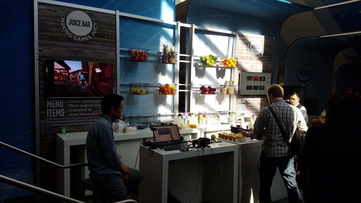 kathieflood's tweet image. Free juice at #IntelDeveloperZone Note, this is actual, drinkable fruit juice, not power for your cel phone. #gdc17
