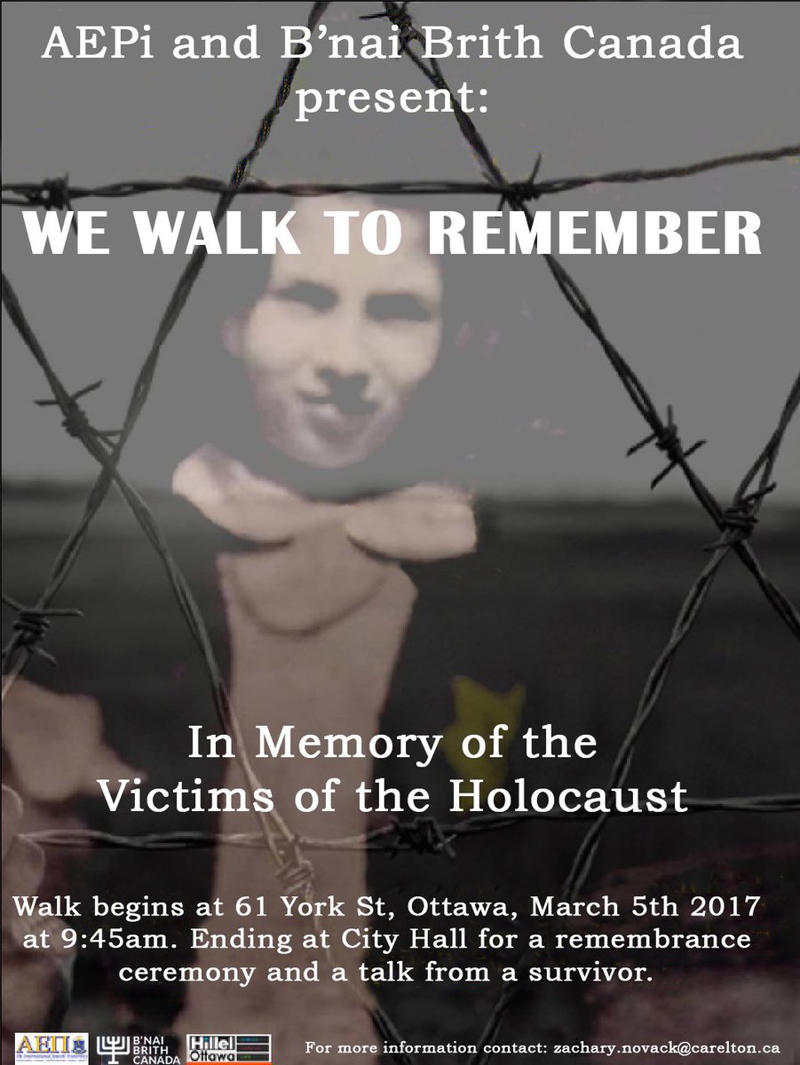 bnaibrithcanada's tweet photo. .@bnaibrithcanada & @AEPi are proud to present: #WeWalkToRemember, in memory of the victims of the #Holocaust. Starts at 945 am. #Ottawa https://t.co/juYaaLlsRg