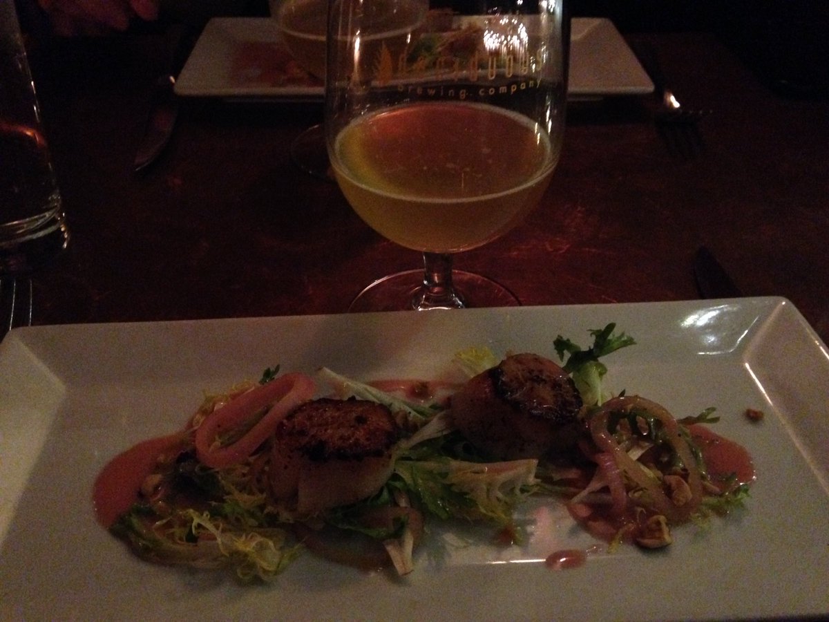 3rd course - seared scallops, frisée and blood orange buerre rose. Paired with @DeciduousBeer Predestination