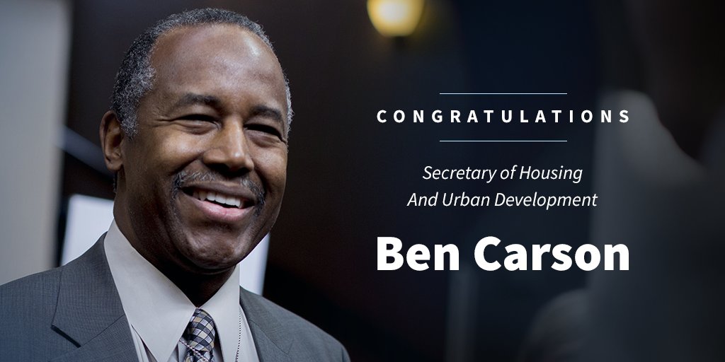 POTUS45's tweet image. Congratulations to our new Secretary of @HUDgov, Dr. Ben Carson!