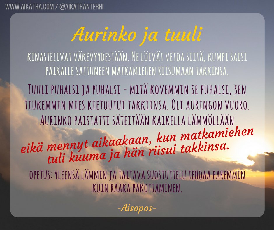 aikatranterhi's tweet photo. LÀmmin ja taitava #suostuttelu tehoaa paremmin kuin raaka #pakottaminen #aisopos #faabeli #lÀmpö #lempeys #pakko #lopputulos https://t.co/dEaM2A3uqy