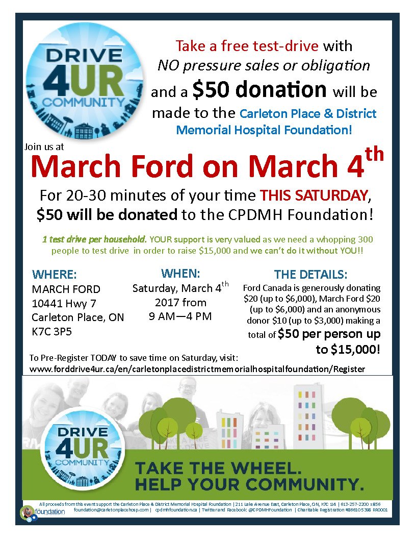 CPDMHFoundation's tweet photo. Saturday: Take a test drive at @march_ford to support the Carleton Place &amp; District Memorial Hospital Foundation https://t.co/zKTWQET3xO https://t.co/MOv6OBWLyR