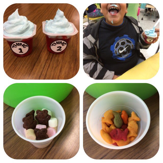 msmcnuttsclass's tweet photo. We enjoyed Thing 1 &amp; 2 Jell-o cups, Brown Bar-ba-loots with Truffula Fruits, and one fish two fish red fish gold fish. #snacktivities https://t.co/iBwiKm31lD