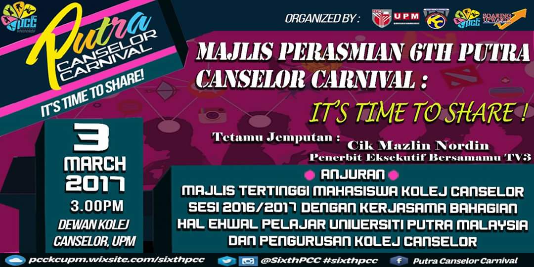 SixthPCC's tweet photo. MAJLIS PERASMIAN 6TH PUTRA CANSELOR CARNIVAL!
3PM AT DEWAN KOLEJ CANSELOR!
JOM JOM JOM!!
#SixthPCC #ItsTimeToShare #bersamamutv3 #perasmian https://t.co/XTf0iv4KKu