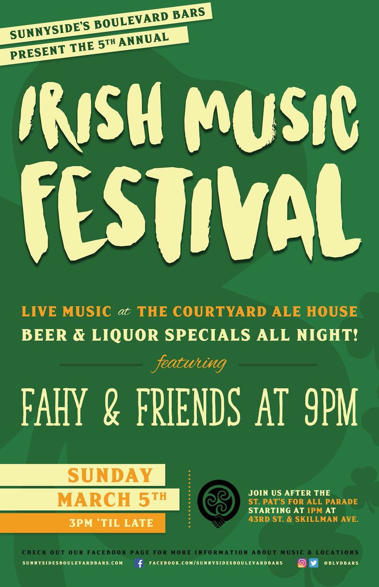 CourtyardNYC's tweet photo. Come by Sunday for our Irish Music Festival! #StPaddysDay drink specials all day & Live Music w/ Dave Fahy of #TheProdigals at 9PM. #Queens https://t.co/XewYMpChe7