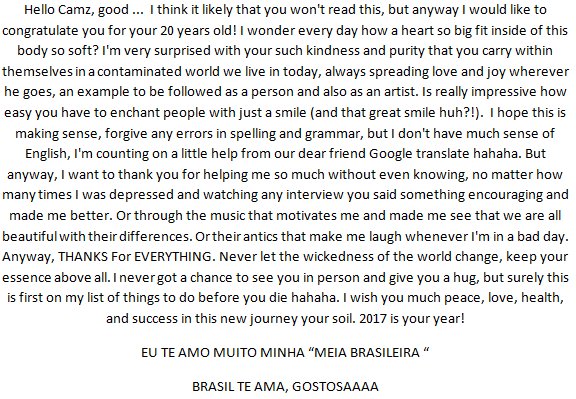 LuaCavicchioli's tweet photo. @camilacabello97 sei que é pouco provavel você ler isso, mas fiz msm assim. mesmo sem saber ingles, dei o meu melhor ❤️ #HappyBirthdayCamila https://t.co/lVcYEAJamH