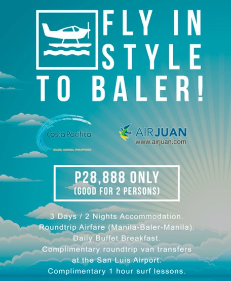 CostaPacificaPH's tweet photo. Costa offers Fly in style to Baler Package. Call our Reservations +02 5194249 for booking inquiries. 
#costapacificalifestyle https://t.co/uYawDABXBK
