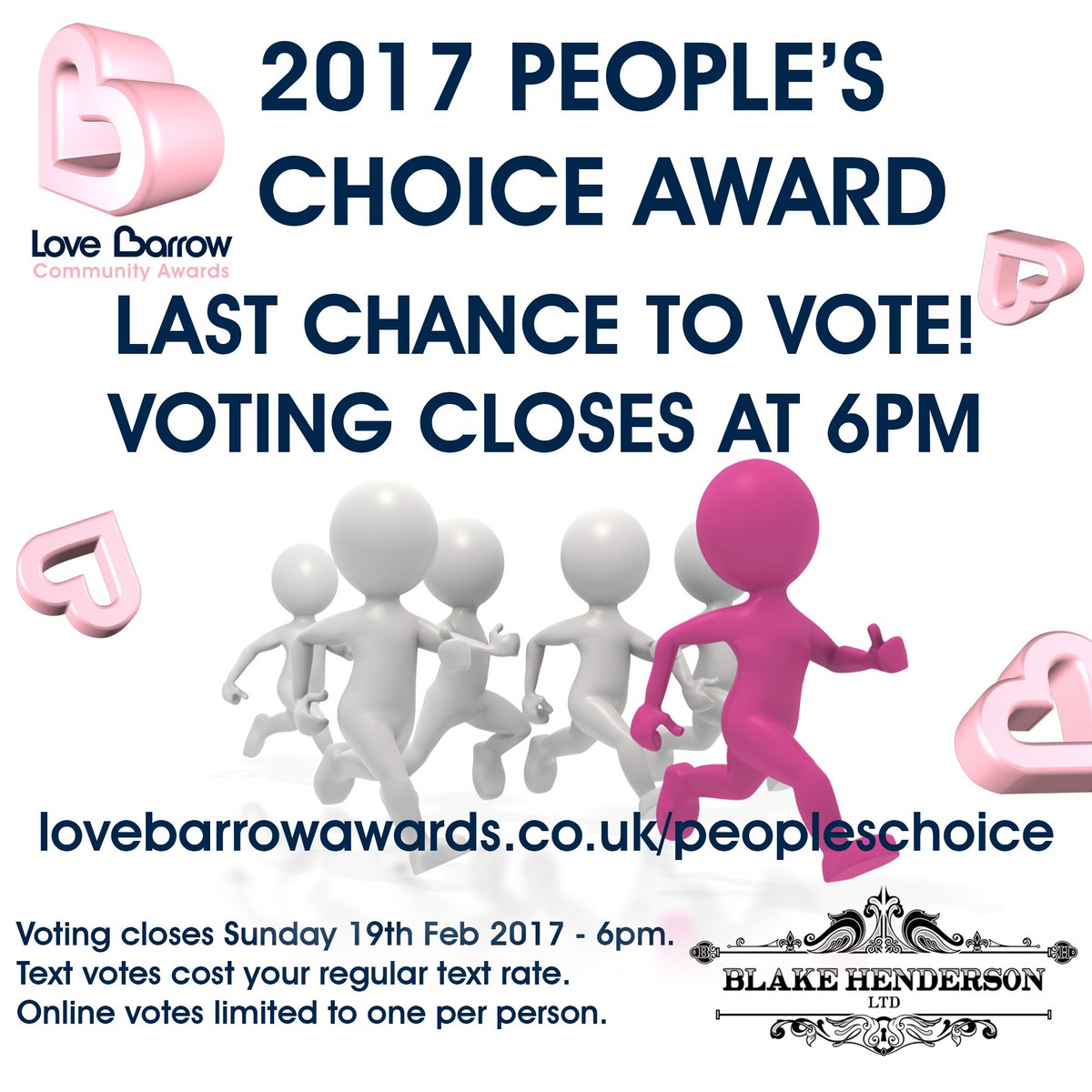 LAST DAY of voting the People's Choice Award. Voting closes 6pm VOTE NOW: lovebarrowawards.co.uk
<a href="/TheBayOfficial/">Heart North Lancashire and Cumbria</a> <a href="/NWEMlive/">The Mail</a> <a href="/BlakeHendersonL/">Blake Henderson Ltd</a>