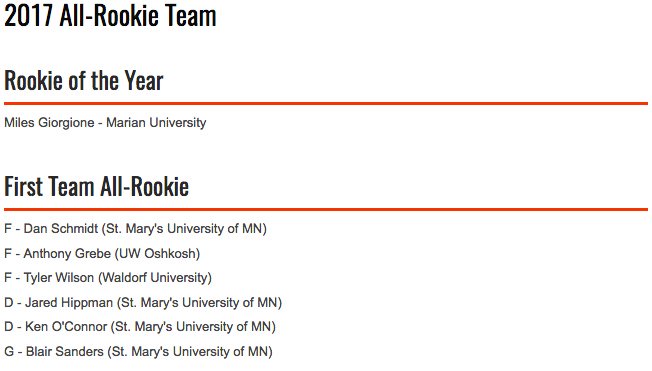 NCHLHockey's tweet image. Here is your 2017 All-Rookie Team. 2nd Team and Honorable Mentioned can be found at bit.ly/2lvqGel