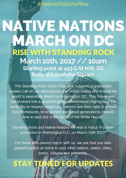 #NativeNationsRise
March on DC Mar 10th
More: standwithstandingrock.net/march/   | 
Also: nativenationsrise.org  
#NoNewFossilFuelInfrastructure