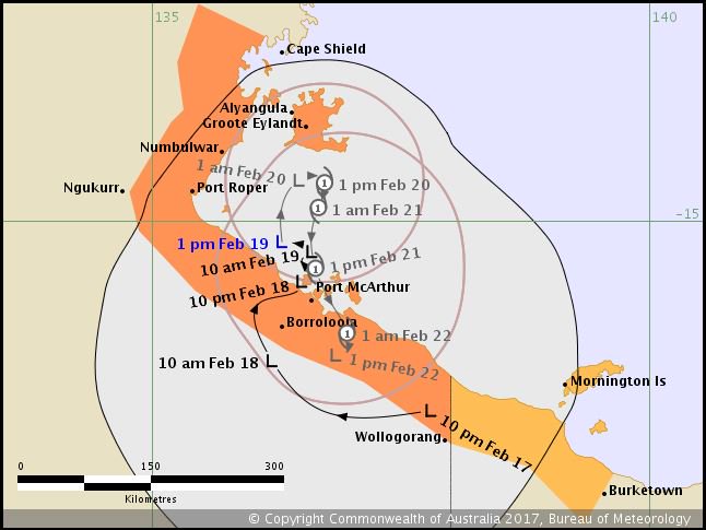 ABCemergency's tweet photo. #Cyclone Warning for #CapeShield to #NT/#QLD border, including #GrooteEylandt. Watch Zone for border to #Burketown. https://t.co/4208zLTvpz https://t.co/FdSVtYekFB