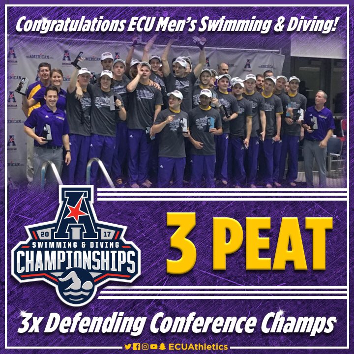 ECUAthletics's tweet photo. Help congratulate the @ECUswimPirates for its 3rd straight @American_Swim Championship! #3Peat #ECUndaunted #AACChamps https://t.co/IqMQIjmqGM