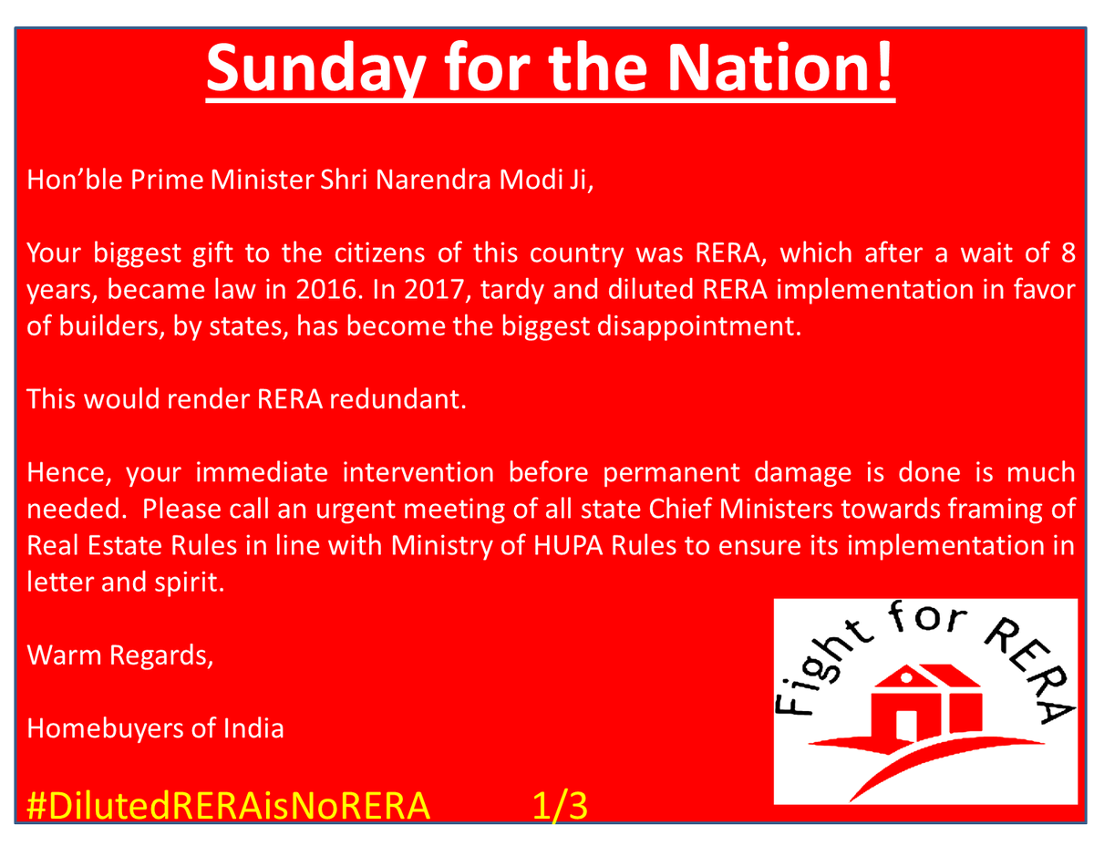 FightForRERAInd's tweet photo. @narendramodi @PMOIndia #Homebuyers disappontd wid #RERA dilutn. Pls nsure its unifrm &amp; strict implementatn pan India. #DilutedRERAisNoRERA https://t.co/mcuhqaVbyS