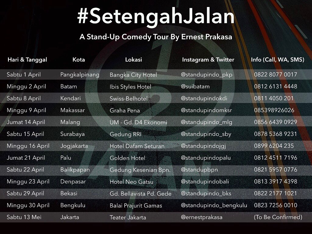 Surabaya udah siap untuk Tour #SetengahJalan nya koko ganteng <a href="/ernestprakasa/">Pria Perkasa</a> dan opener nya si cantik <a href="/aciresti/">🤓</a> ?