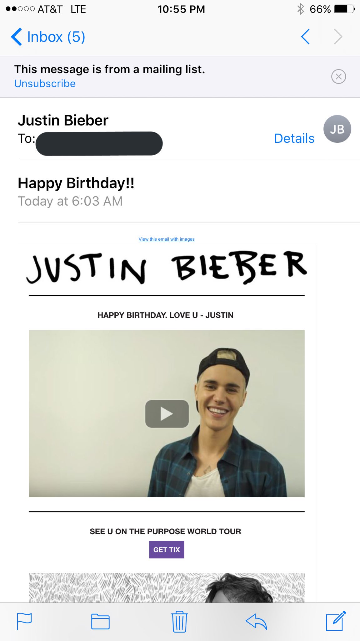 My mom was like \"Justin Bieber said Happy Birthday to you!\" 