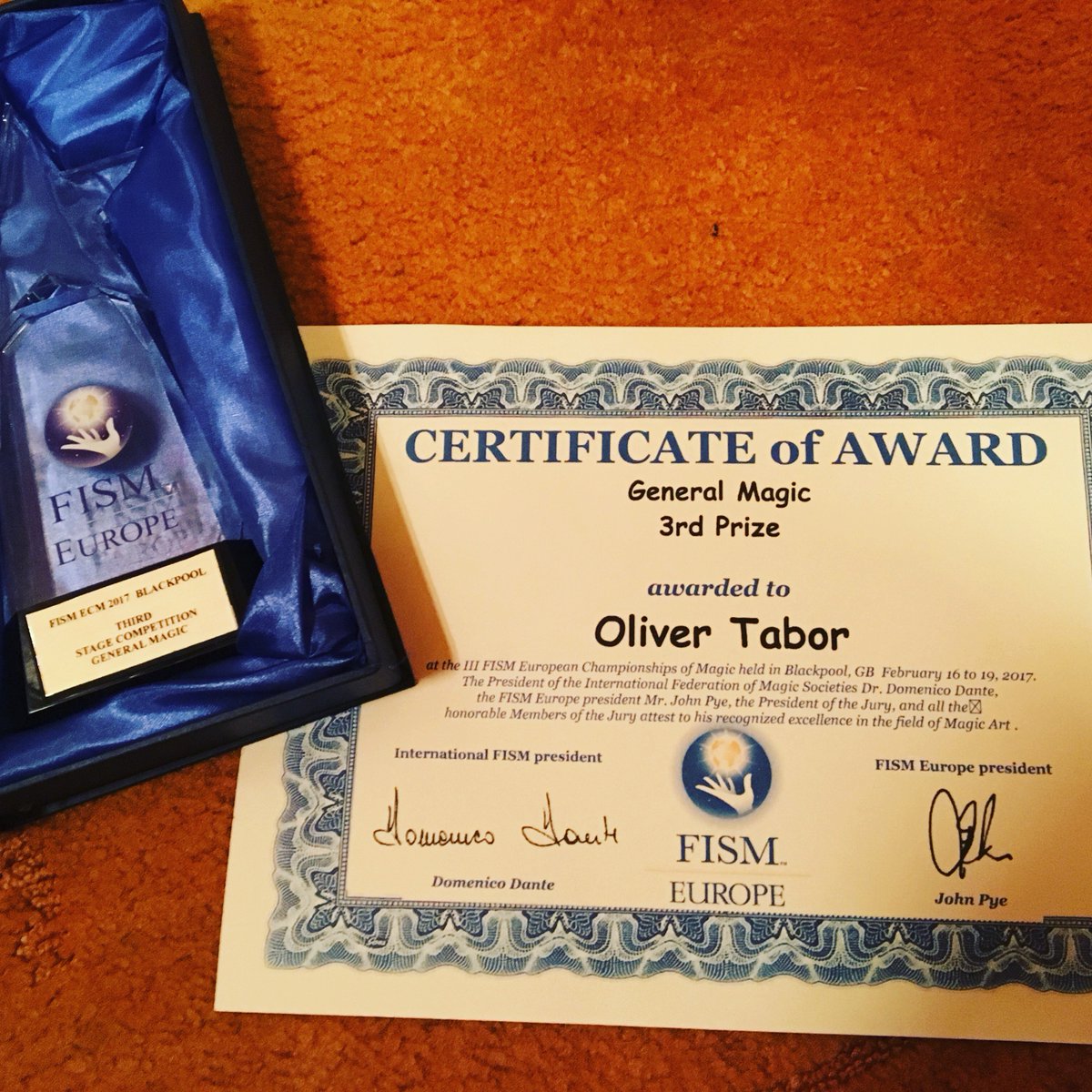 otabormagic's tweet photo. Awarded 3rd place @FISMmagic European Championships of Magic. Chuffed to bits! https://t.co/tu0di8fJzV
