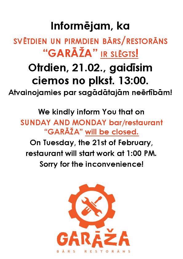 Garāžnieki remontējas! Šodien un rīt būsim ciet!
