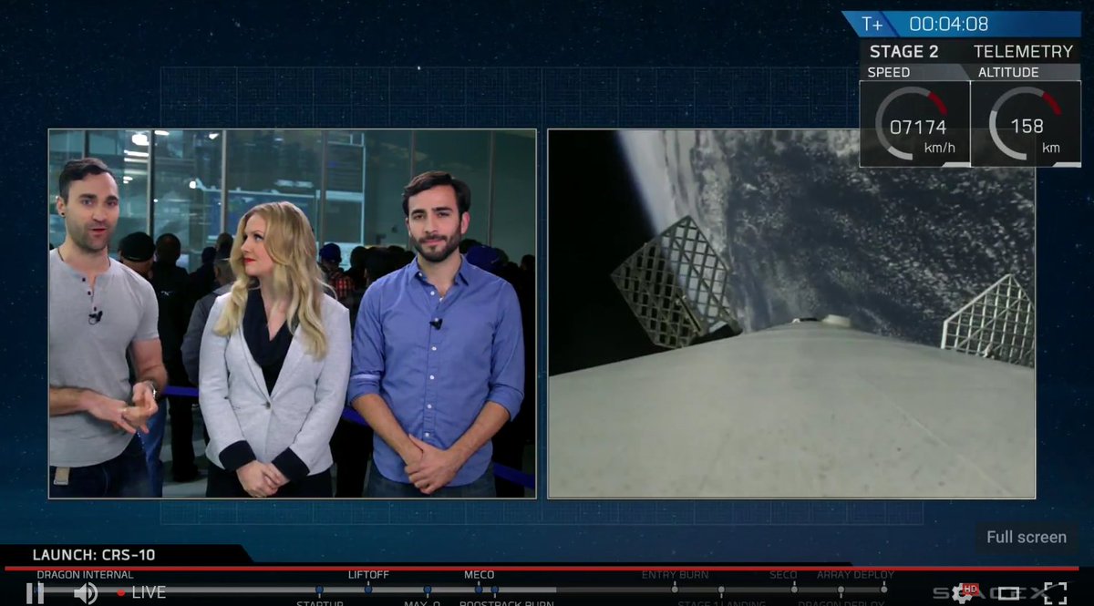 NASAWatch's tweet image. Grid fins on the Falcon 1st stage as it heads back to KSC to land. #SpaceX #NASA #CRS10